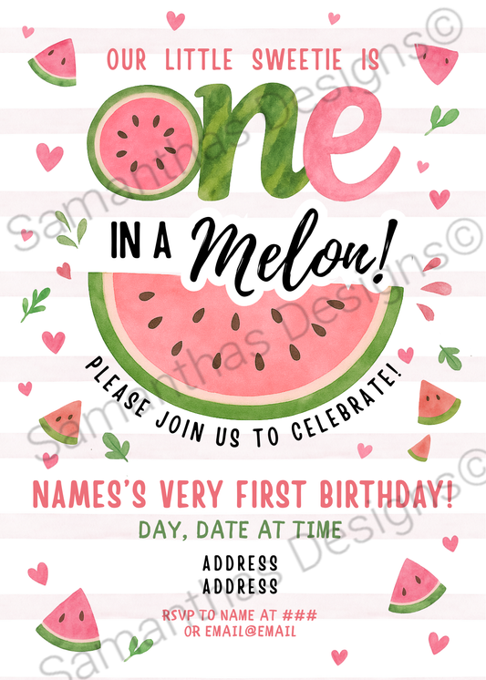 One in a Melon 1st Birthday Invitation – 5x7 inch