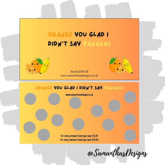 Orange You Glad I Didn't Say Bananas Savings Tracker is on a yellow to orange gradient background with scratch off panels revealing kawaii themed oranges and bananas