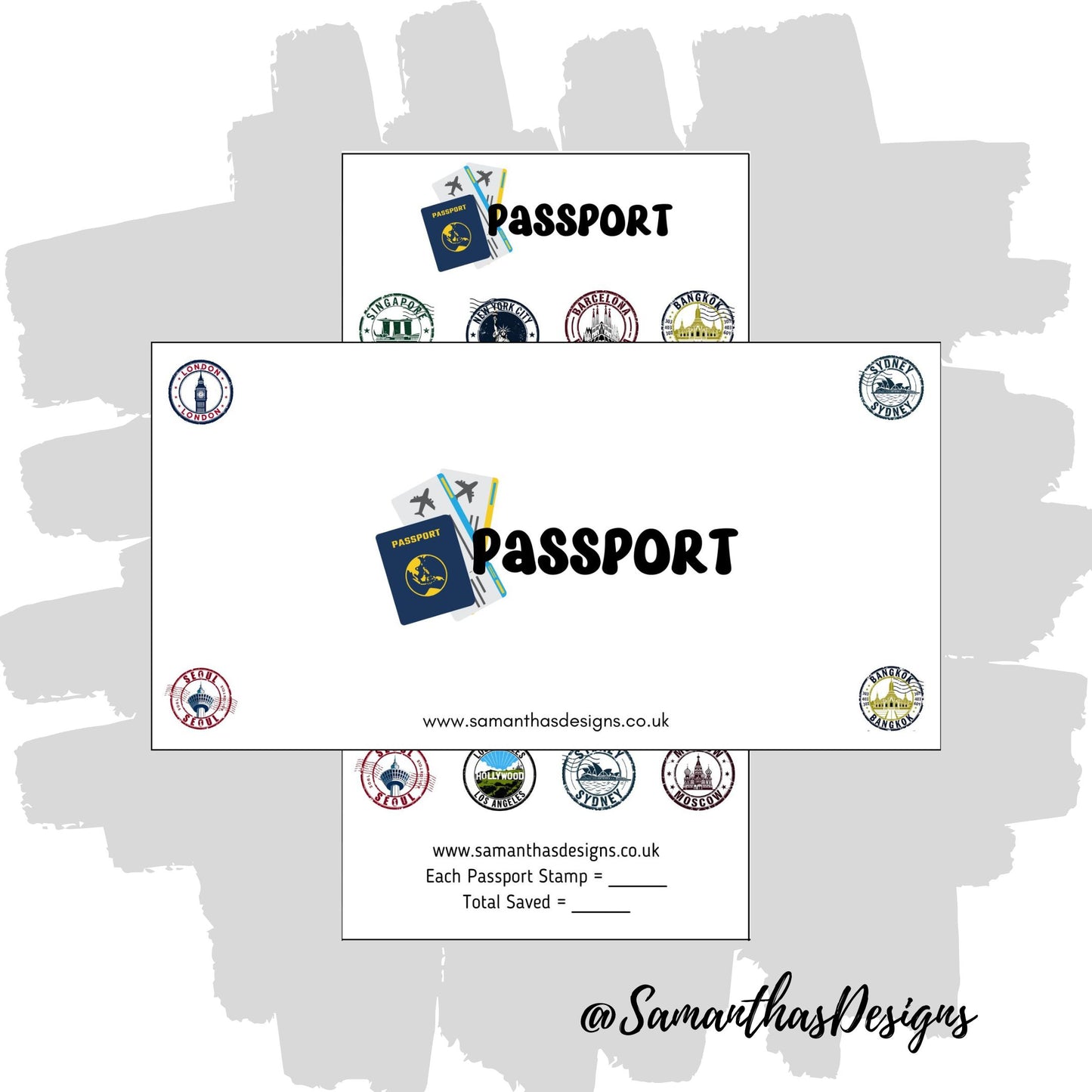 Passport Savings Tracker is on a white background with passport stamp images