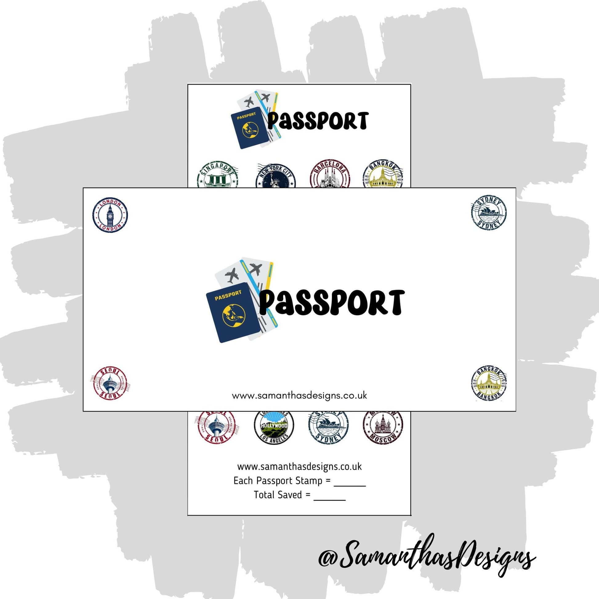 Passport Savings Tracker is on a white background with passport stamp images