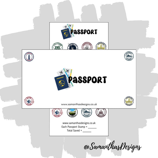 Passport Savings Tracker is on a white background with passport stamp images