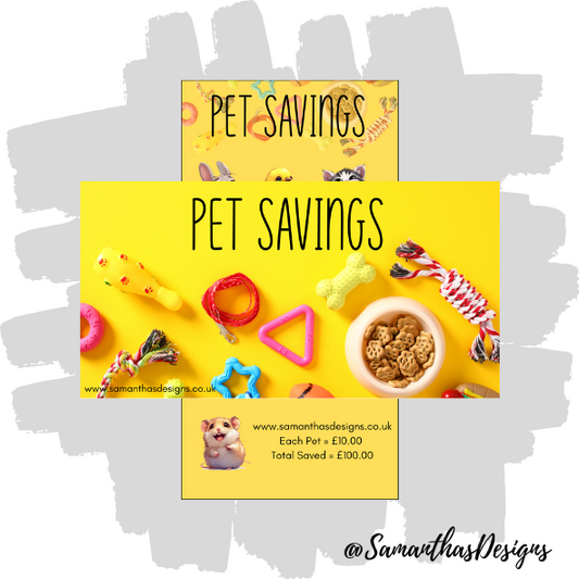Pet savings card with colourful pets on a yellow background, featuring Samantha's Designs branding.