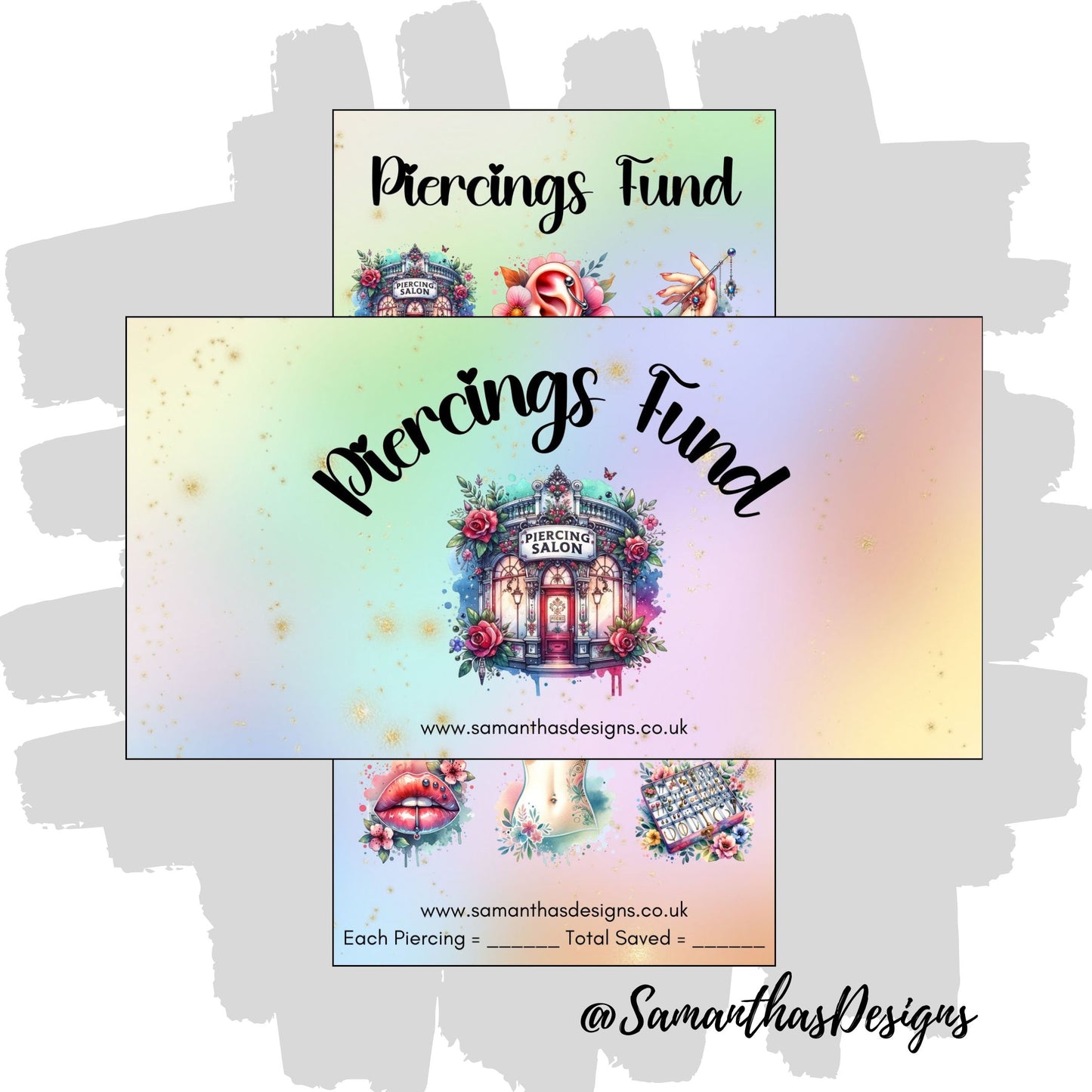 Piercings Fund savings tracker on a sparkly rainbow background with watercolour piercing themed illustrations