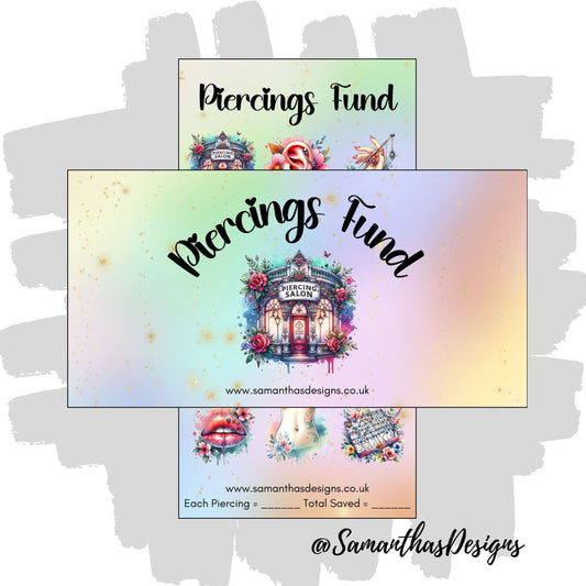 Piercings Fund savings tracker on a sparkly rainbow background with watercolour piercing themed illustrations
