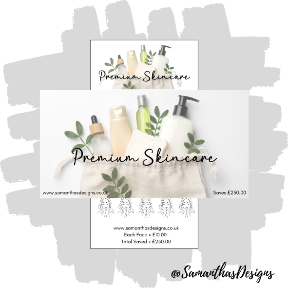 Premium Skincare Savings Tracker has a large illustration header with skincare products and leaves sticking out of a tote bag and illustrations of a face to score off savings on a white background