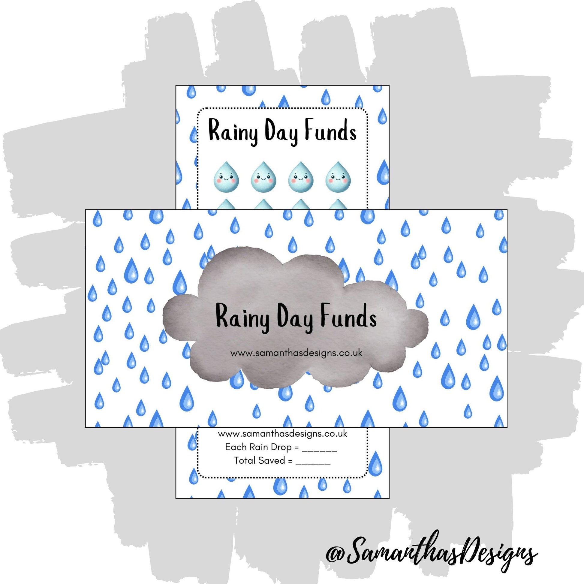 A printed Rainy Day Funds Savings Tracker with raindrop design, meant for tracking savings goals with spaces for cash stuffing.