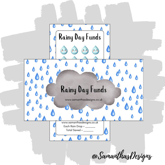 A printed Rainy Day Funds Savings Tracker with raindrop design, meant for tracking savings goals with spaces for cash stuffing.