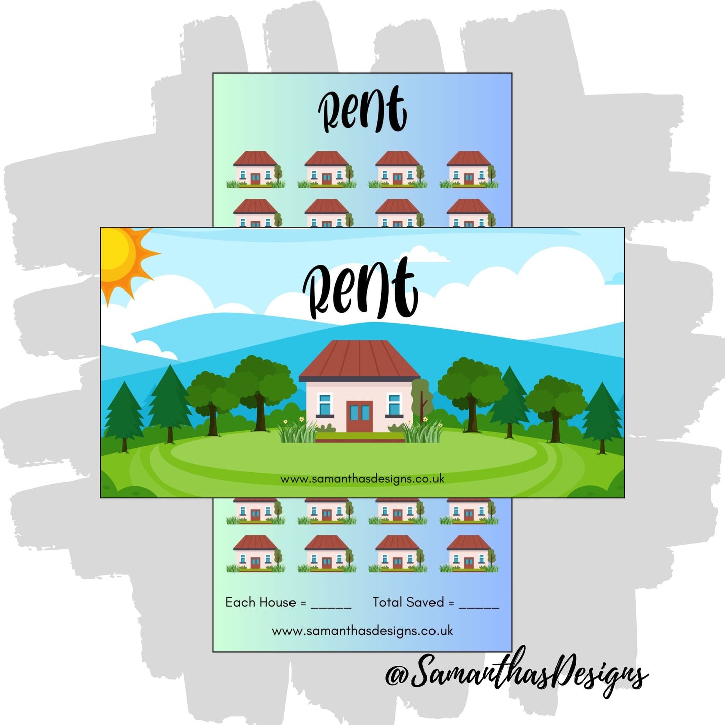 Rent Savings Tracker is on a green to blue gradient background with house illustrations