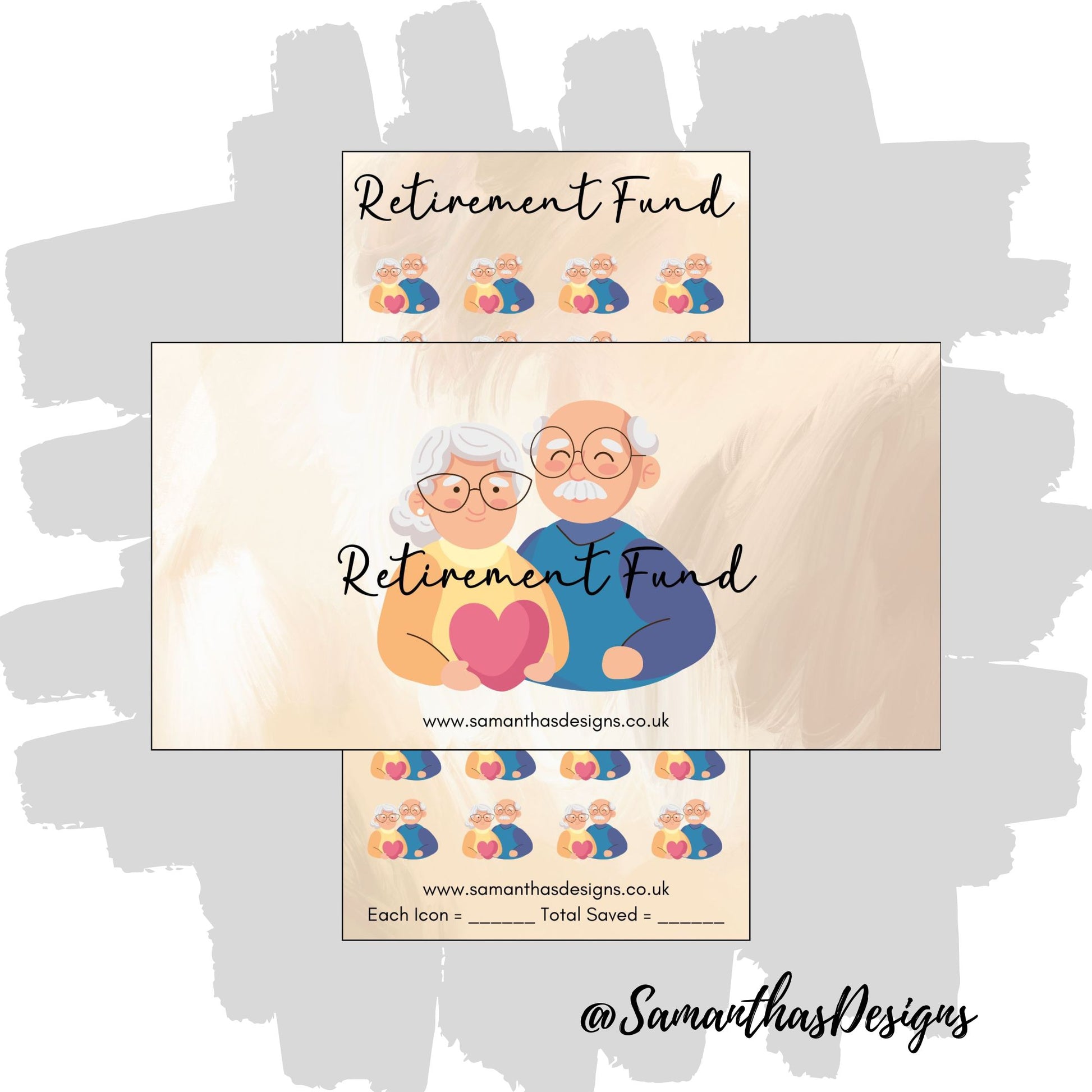 Savings Tracker and Cover Sleeve with yellow golden brush stroke background, labelled Retirement Fund - colourful elderly couples icons to help save your chosen amount