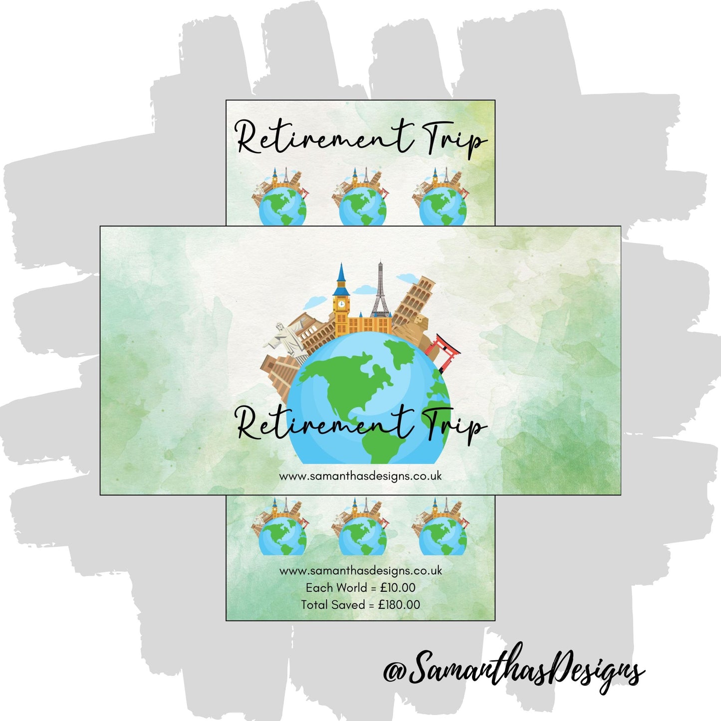 Savings Tracker and Cover Sleeve with green marble background, labelled Retirement Trip - colourful worlds to help save £180