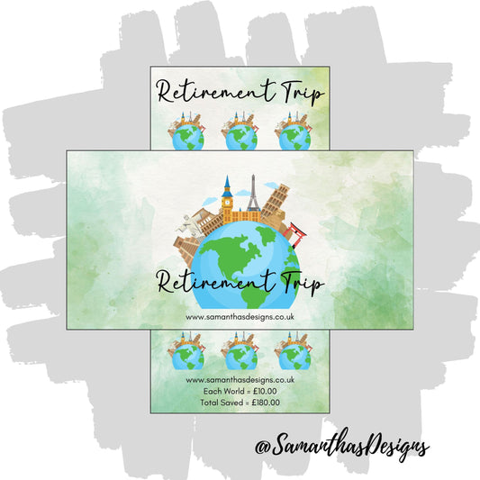 Savings Tracker and Cover Sleeve with green marble background, labelled Retirement Trip - colourful worlds to help save £180