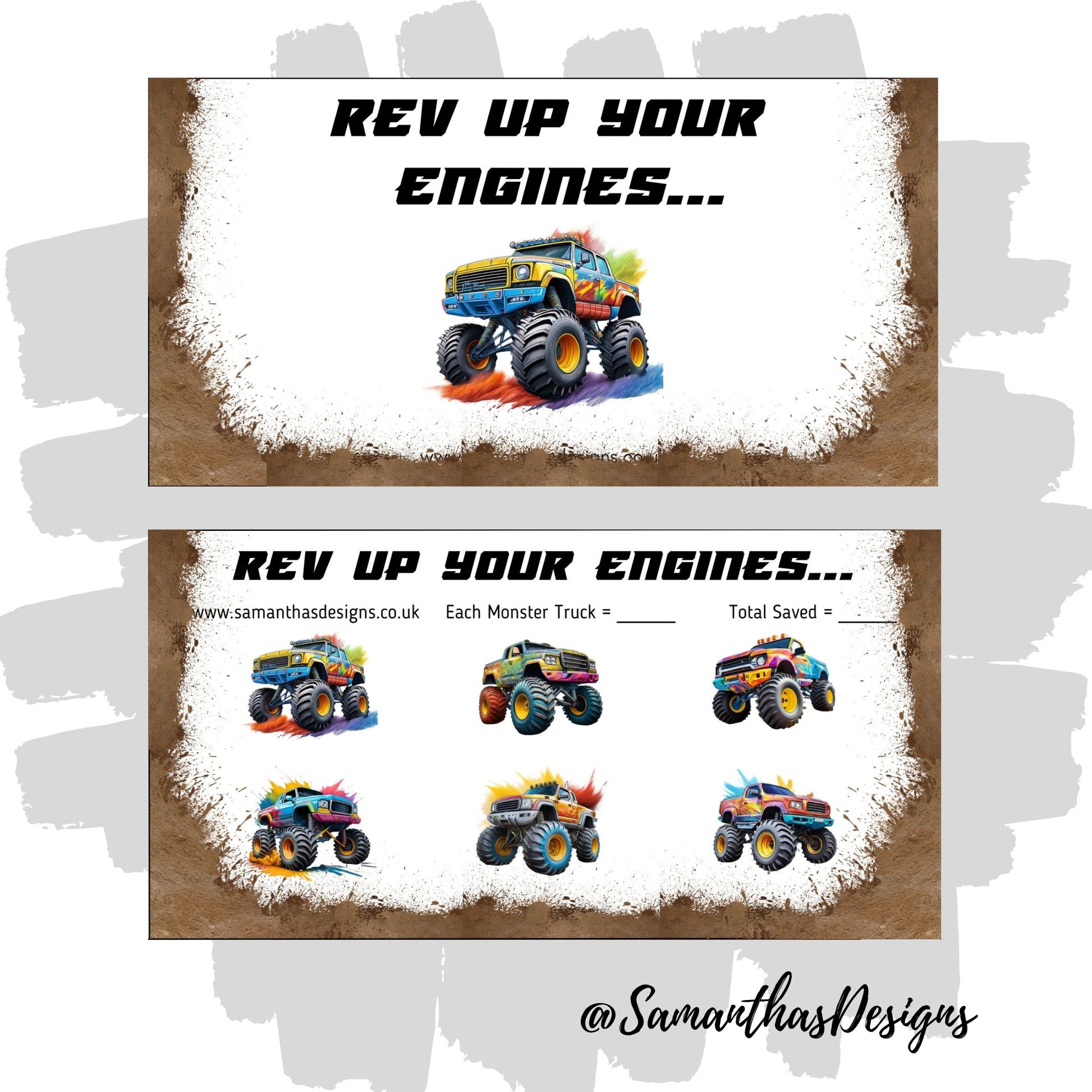 Rev Up Your Engines Savings Tracker with a mud splat border and colourful monster truck illustrations