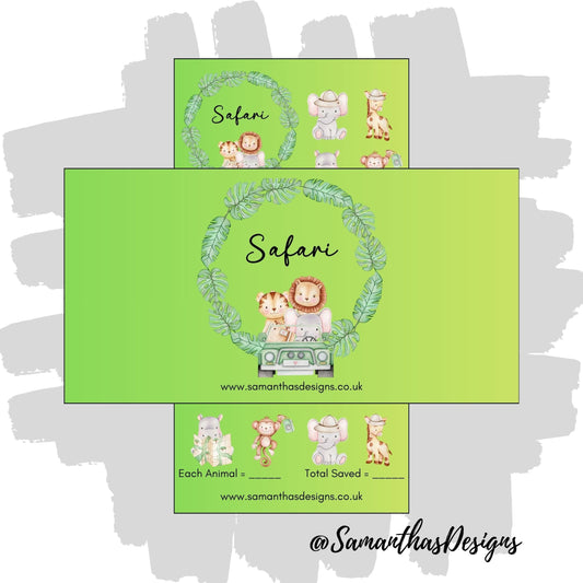Safari Savings Tracker on a green to yellow gradient background with safari animal illustrations