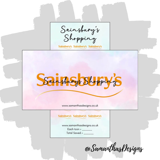Sainsburys Shopping Savings Tracker and Cover on a blue and purple pastel cloud effect background with the stores logo