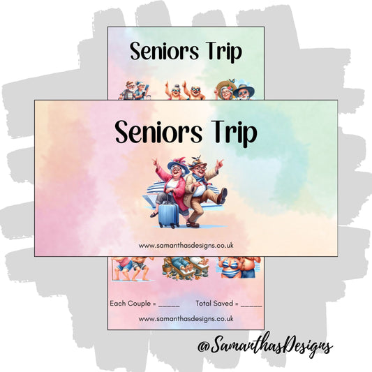 Seniors Trip Savings Tracker on a pastel multicoloured background with loads of holiday themed senior couple illustrations