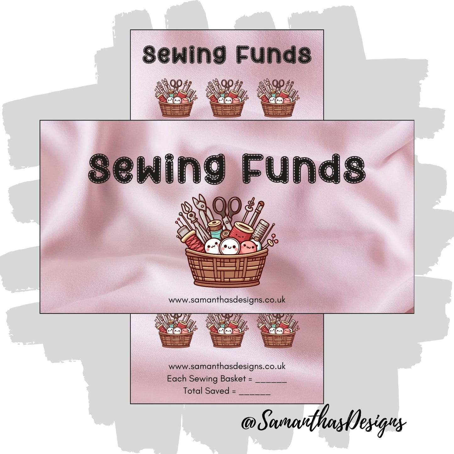 Sewing Funds Saving Tracker on a silk looking fabric background with kawaii sewing basket illustrations