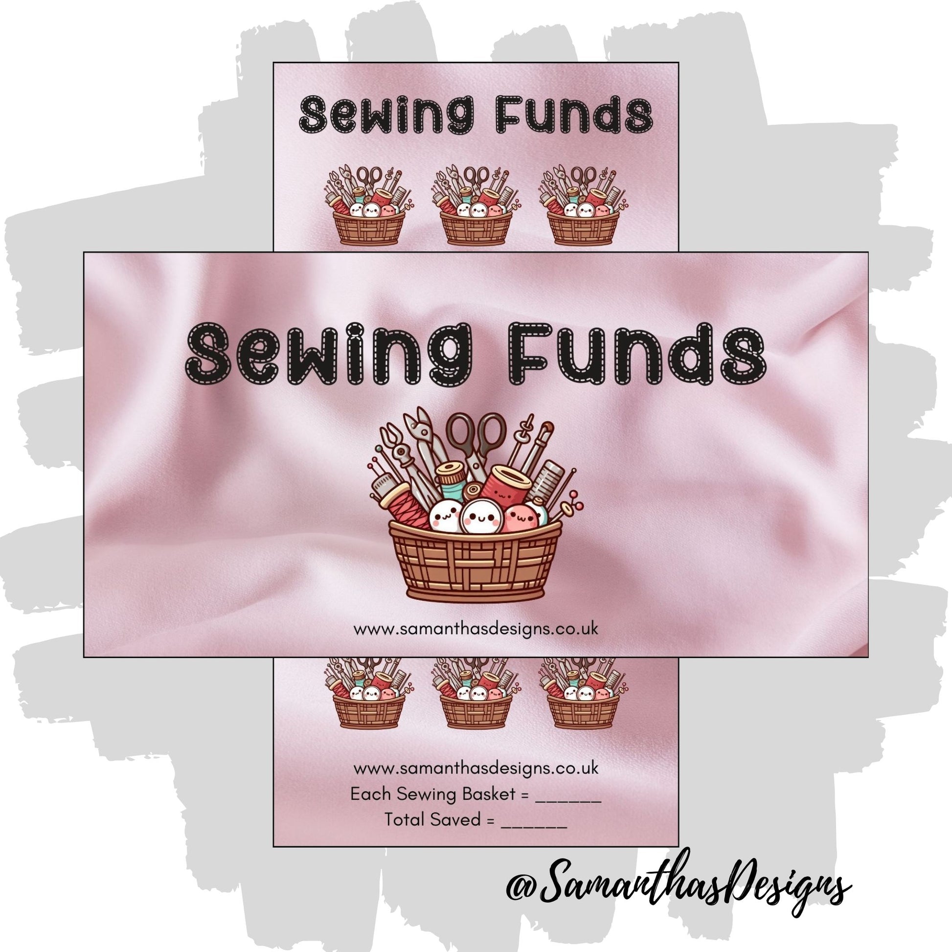 Sewing Funds Saving Tracker on a silk looking fabric background with kawaii sewing basket illustrations