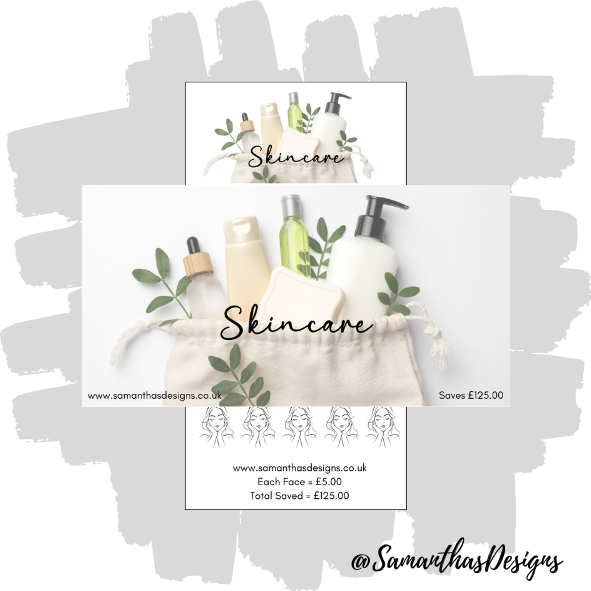 Skincare Savings Tracker has a large illustration header with skincare products and leaves sticking out of a tote bag and illustrations of a face to score off savings on a white background