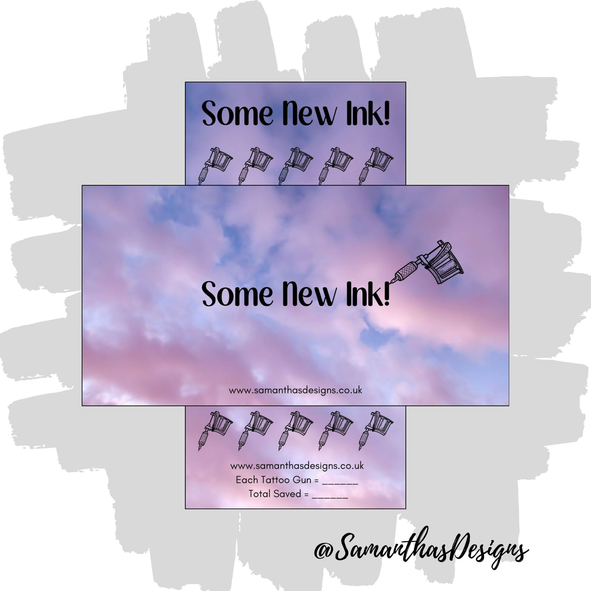 Savings Tracker and Cover Sleeve with purple and blue cloudy background, labelled Some New Ink - black tattoo gun icons to save your chosen amount.