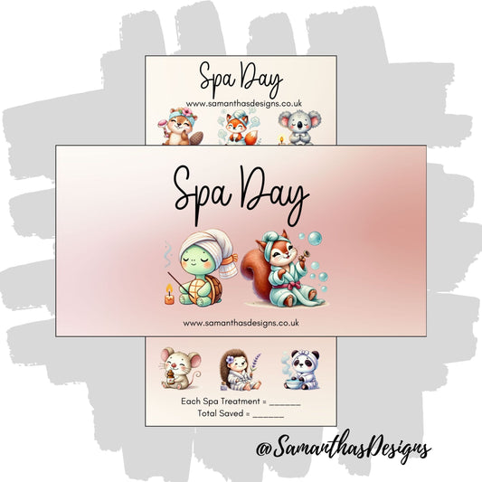Spa Day design with cartoon animals and a pink gradient background, featuring Samantha's Designs branding.