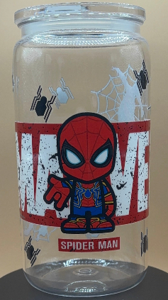 Plastic tumbler with Spider-Man design on a beige background