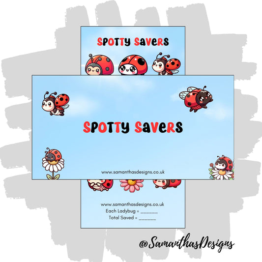 Spotty Savers Savings Tracker on a blue cloudy background with loads of kawaii themed ladybug illustrations