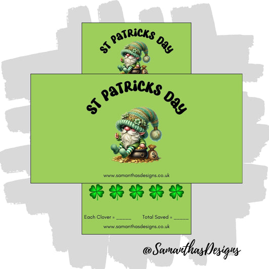 St Patricks Day Savings Tracker on a green background with an irish gonk and clover illustrations