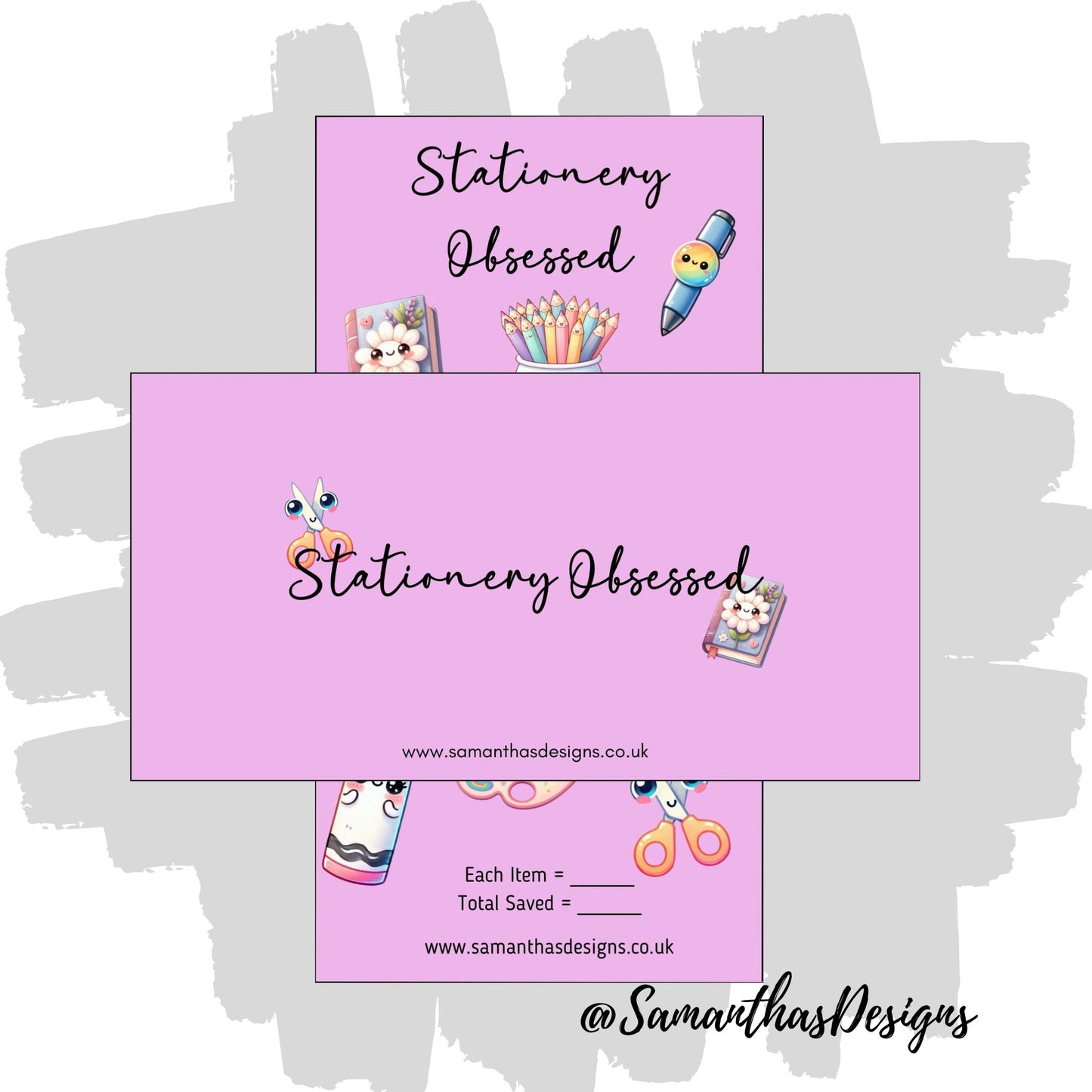Stationery Obsessed Savings Tracker on a purple background with kawaii theme stationery illustrations