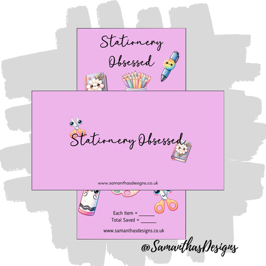 Stationery Obsessed Savings Tracker on a purple background with kawaii theme stationery illustrations