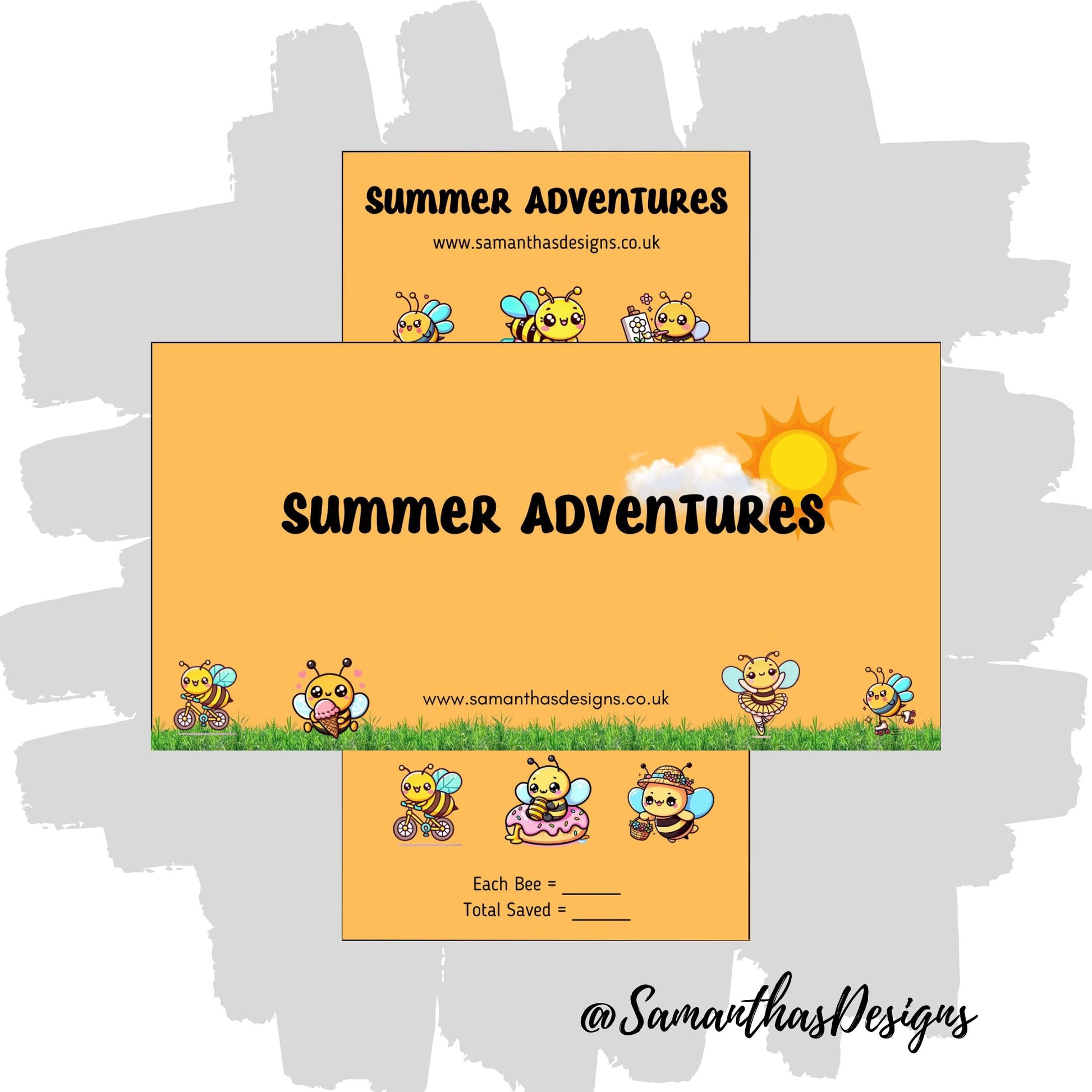 Summer Adventures Savings Tracker on a orange background with cute Bumblebee illustrations doing summer theme tasks.