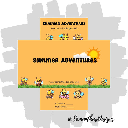Summer Adventures Savings Tracker on a orange background with cute Bumblebee illustrations doing summer theme tasks.