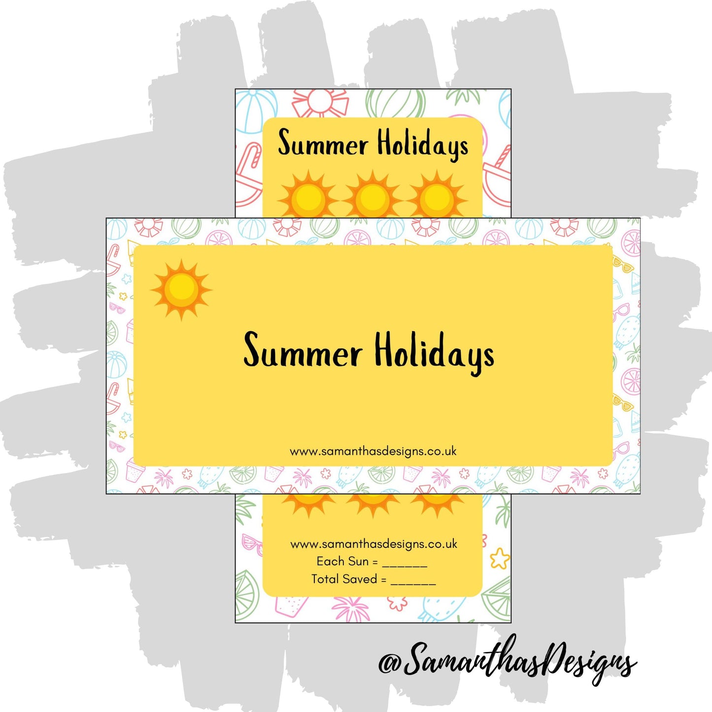 Summer Holidays Savings Tracker with a bright vibrant yellow background, colourful summer icon border and suns to mark off savings