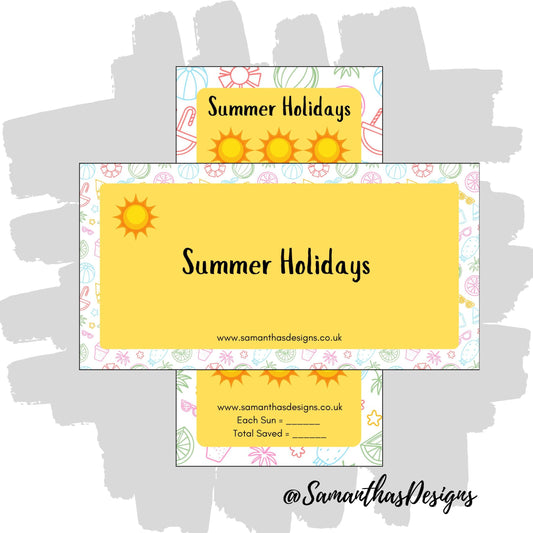 Summer Holidays Savings Tracker with a bright vibrant yellow background, colourful summer icon border and suns to mark off savings