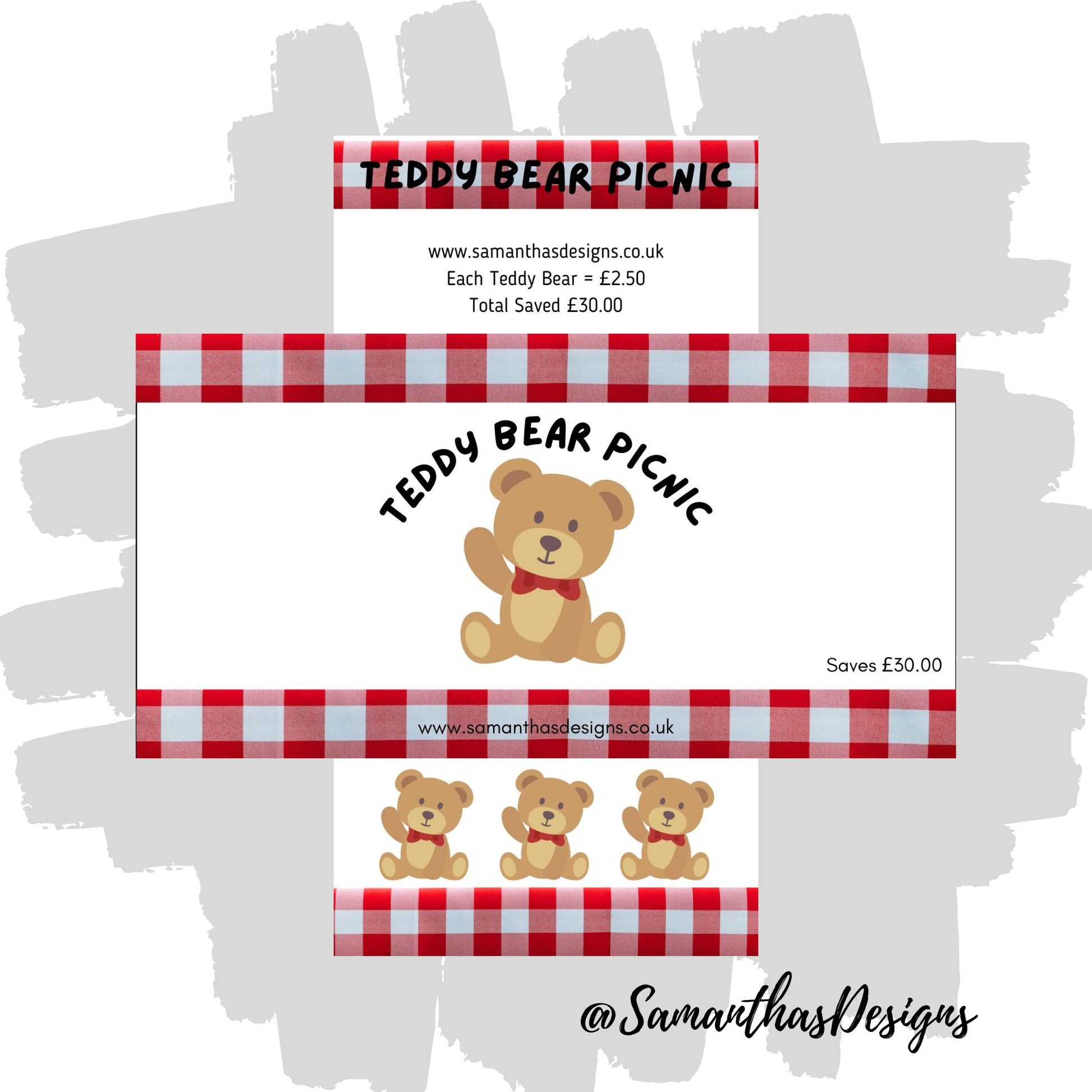 Teddy Bear Picnic Savings Tracker is on a white background with a red picnic blanket border and teddy bear illustrations