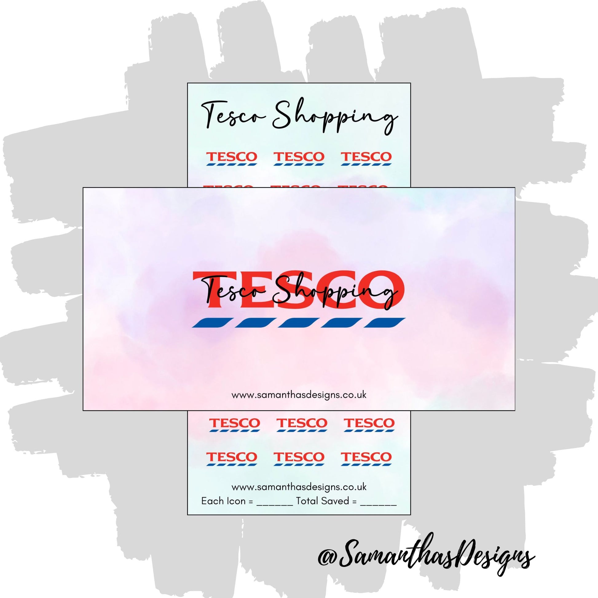 Tesco Shopping Savings Tracker and Cover on a blue and purple pastel cloud effect background with the stores logo