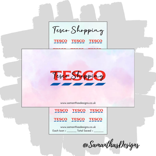 Tesco Shopping Savings Tracker and Cover on a blue and purple pastel cloud effect background with the stores logo