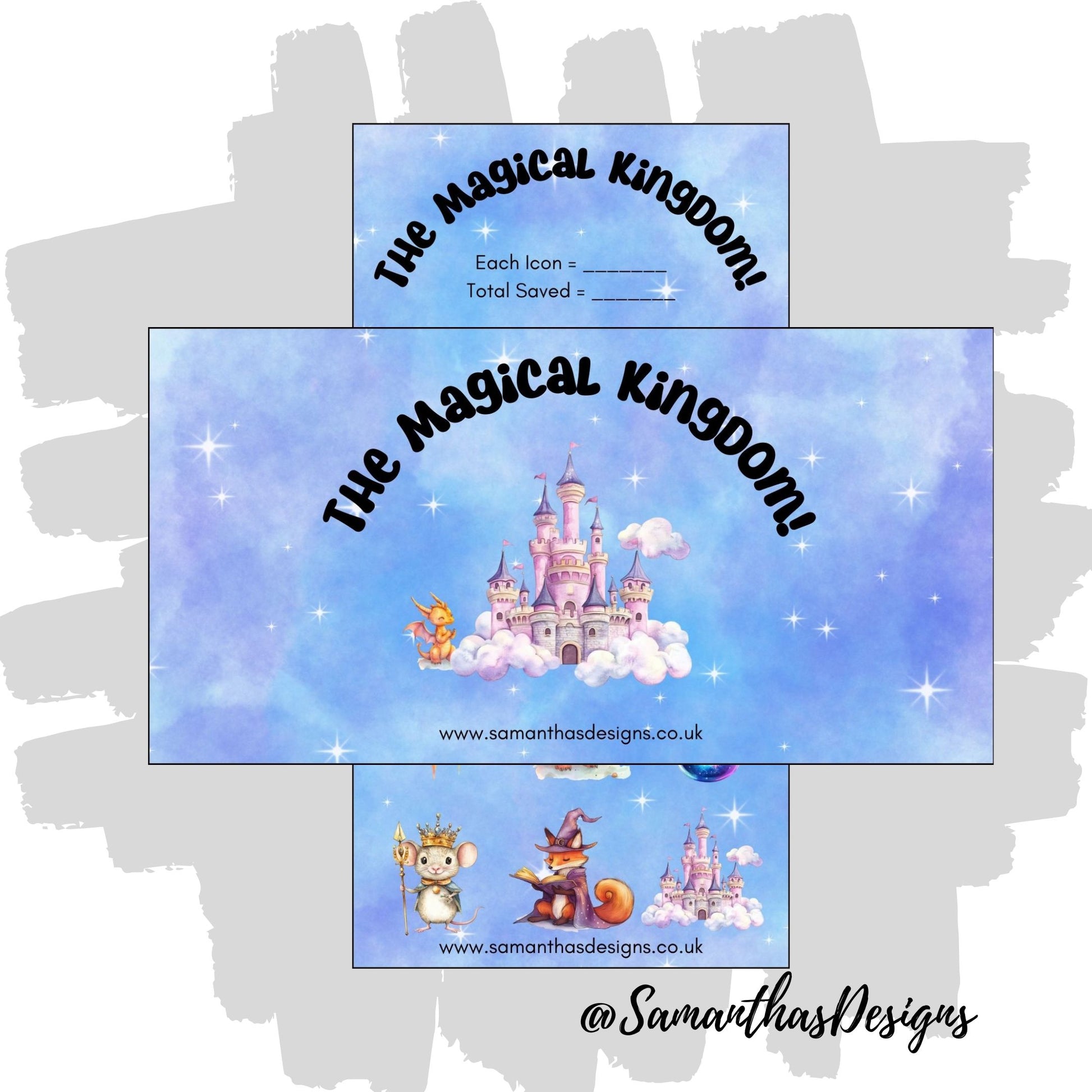 The Magical Kingdom Savings Tracker on a blue cloudy effect, starry background with colourful illustrations including castles and dragons