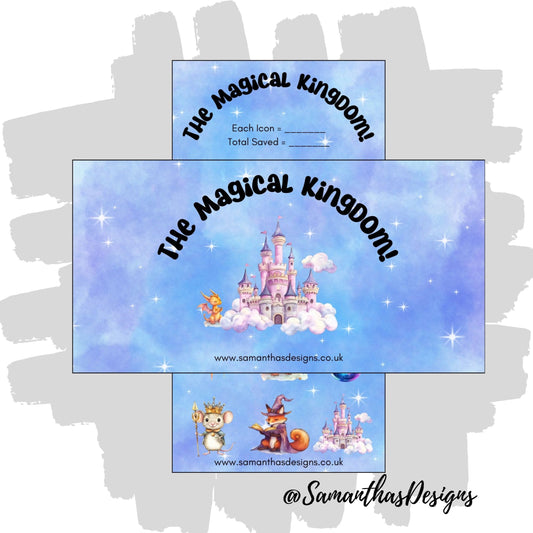 The Magical Kingdom Savings Tracker on a blue cloudy effect, starry background with colourful illustrations including castles and dragons