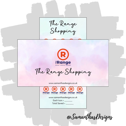 The Range Shopping Savings Tracker and Cover on a blue and purple pastel cloud effect background with the stores logo