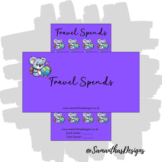 Travel Spends Savings Tracker on a purple background with koalas wearing a backpack in front of a globe as illustrations