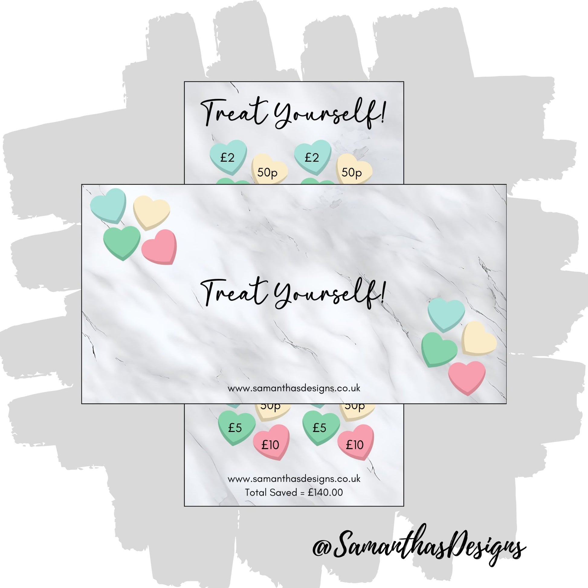 Savings Tracker and Cover Sleeve with grey marble background, labelled Treat Yourself - colourful hearts to help save £140