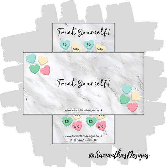 Savings Tracker and Cover Sleeve with grey marble background, labelled Treat Yourself - colourful hearts to help save £140