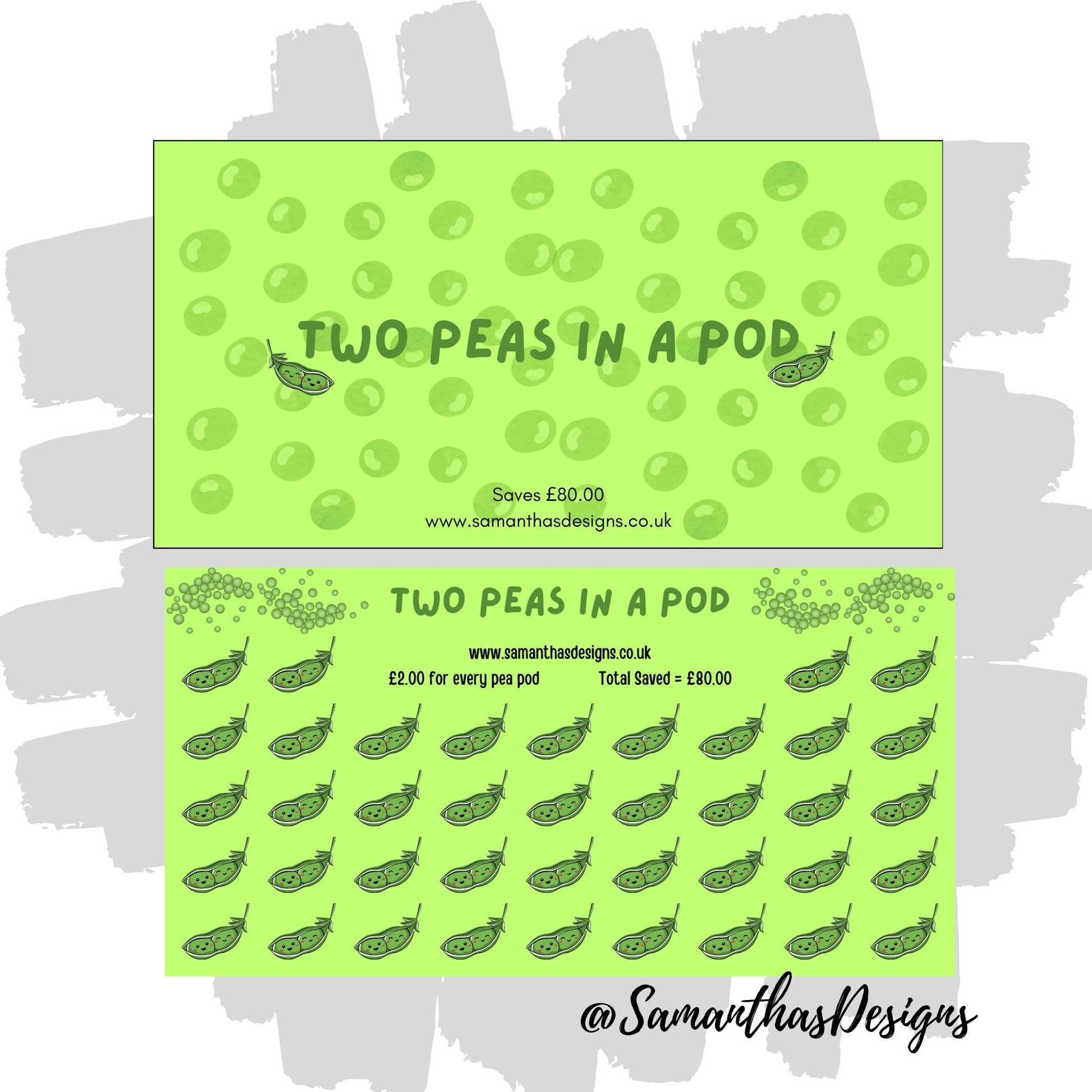 Two Peas In A Pod Savings Tracker is on a green background with peas - pea pod illustrations 