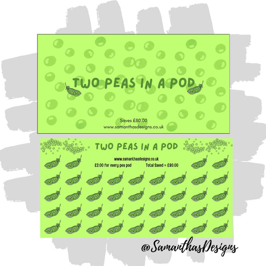 Two Peas In A Pod Savings Tracker is on a green background with peas - pea pod illustrations 