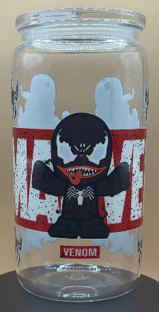 Clear glass jar with Venom character and 'MARVEL' text on a beige background