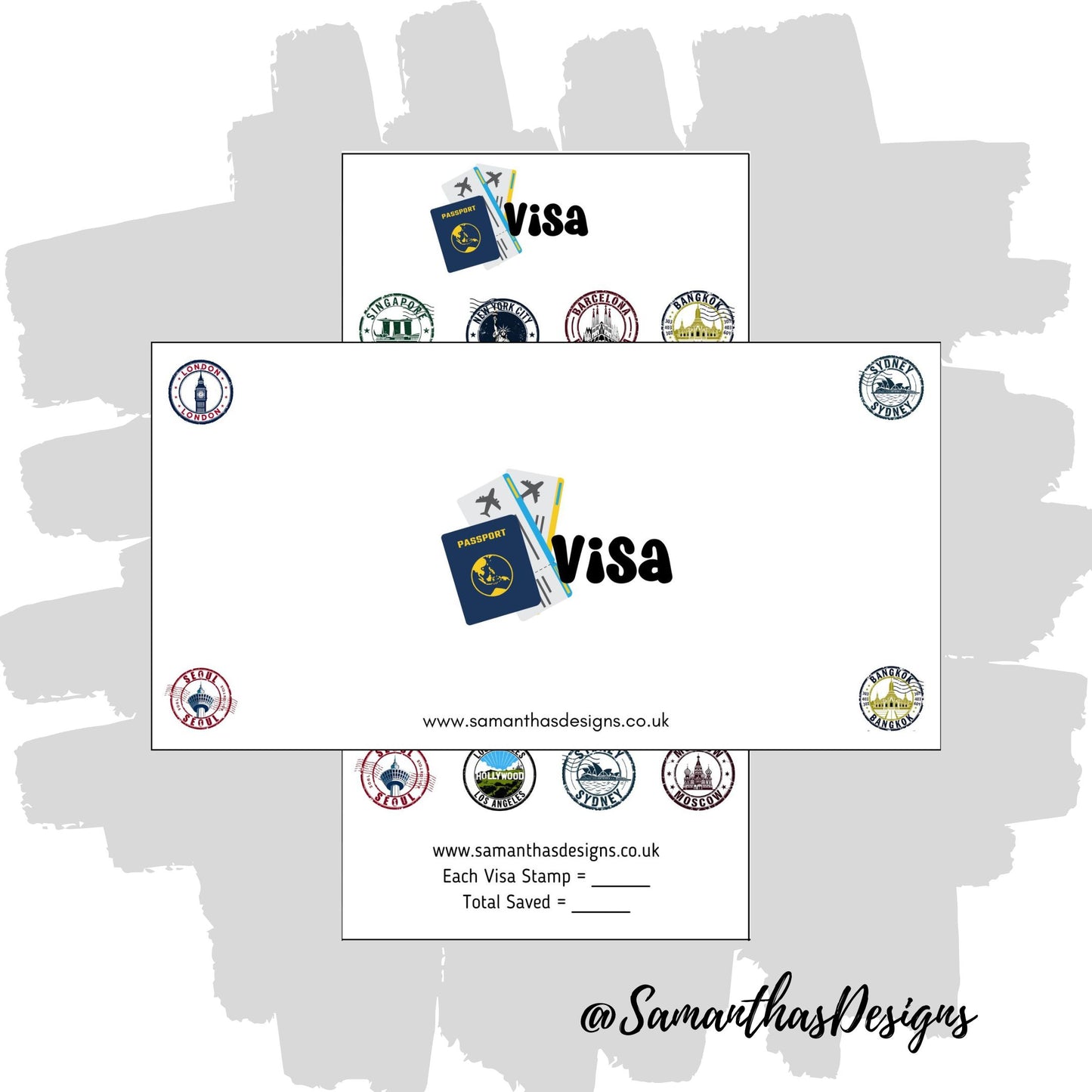 Visa Savings Tracker is on a white background with passport stamp illustrations