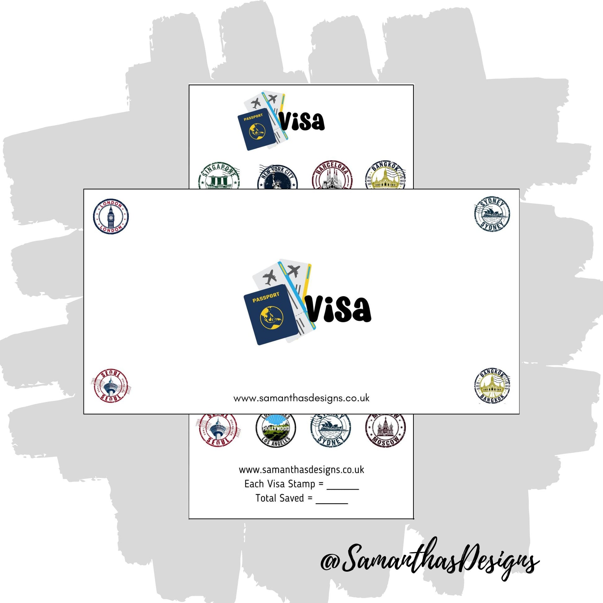 Visa Savings Tracker is on a white background with passport stamp illustrations