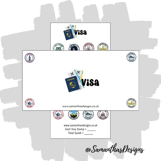 Visa Savings Tracker is on a white background with passport stamp illustrations