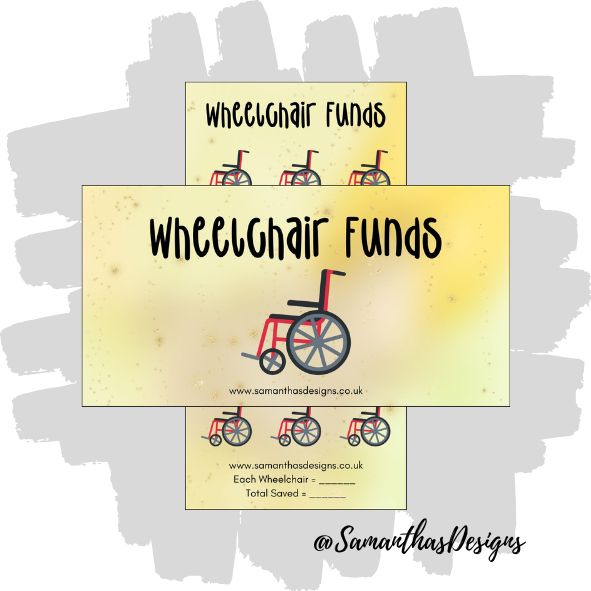 Wheelchair Funds Savings Tracker on a yellow sparkly background with wheelchair illustrations