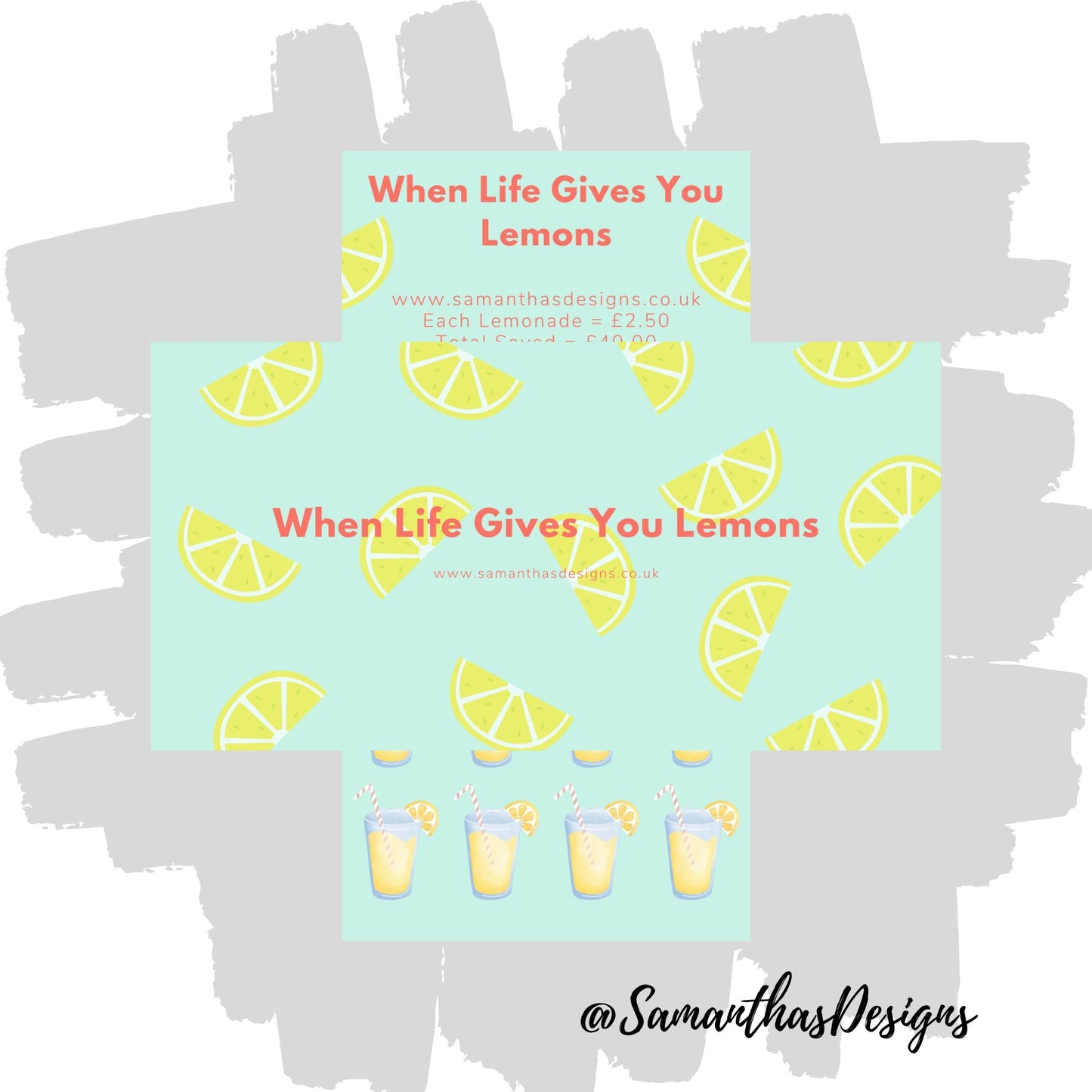 When Life Gives You Lemons Savings Tracker is on a blue background with lemon slices and cups of lemonade illustrations